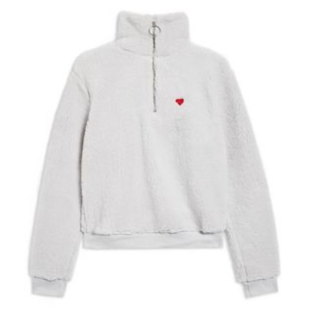 Topshop Borg Heart Quarter Zip Pullover | White | Size 2